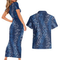 Hawaii Plumeria Lei Couples Matching Short Sleeve Bodycon Dress and Hawaiian Shirt Aloha Festive Vibe - Navy Blue LT7 - Polynesian Pride