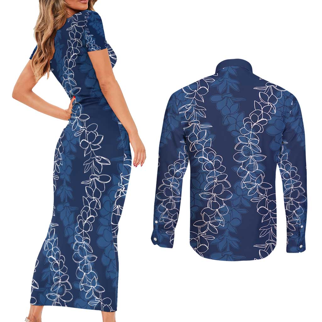 Hawaii Plumeria Lei Couples Matching Short Sleeve Bodycon Dress and Long Sleeve Button Shirt Aloha Festive Vibe - Navy Blue