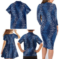 Hawaii Plumeria Lei Family Matching Long Sleeve Bodycon Dress and Hawaiian Shirt Aloha Festive Vibe - Navy Blue LT7 - Polynesian Pride