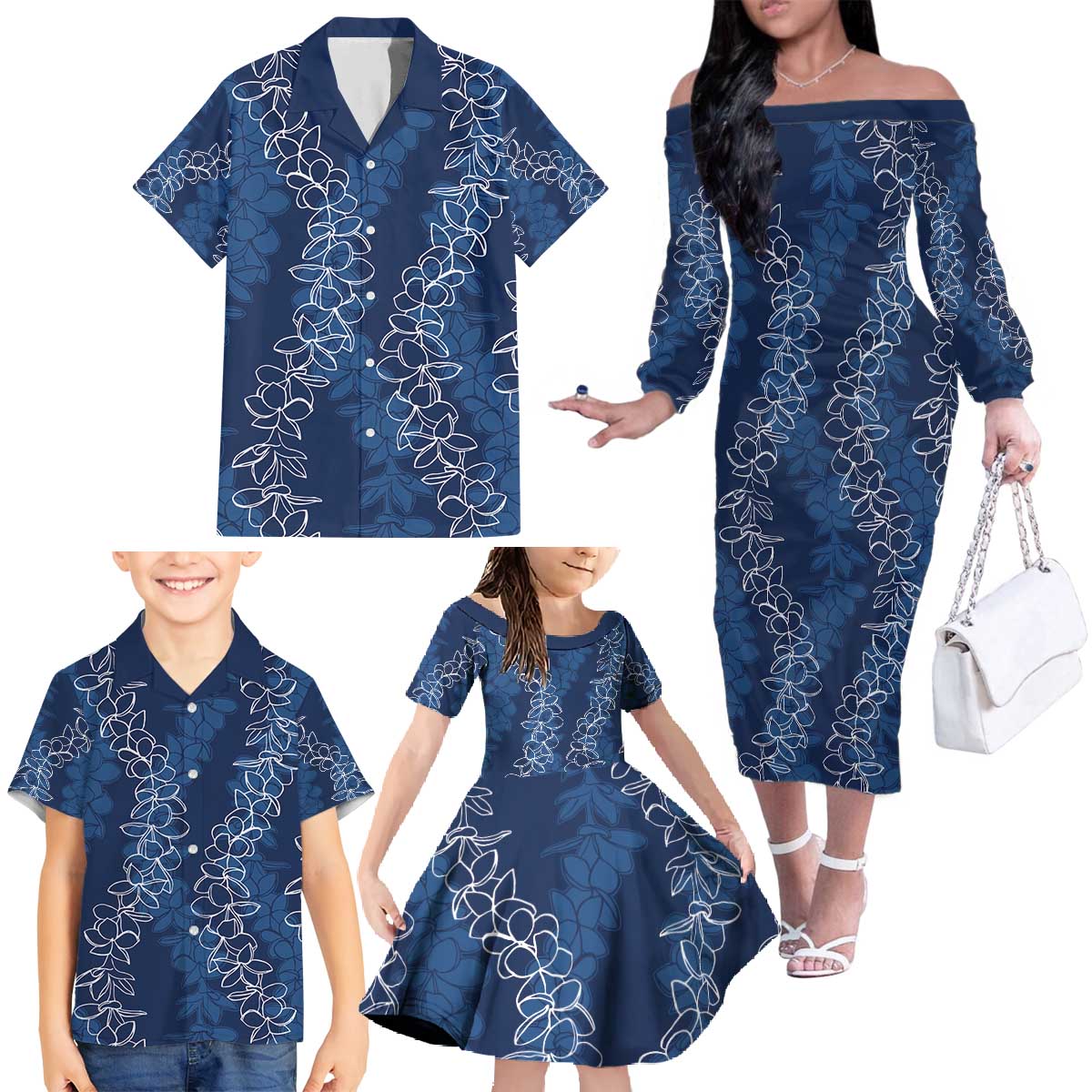 Hawaii Plumeria Lei Family Matching Off The Shoulder Long Sleeve Dress and Hawaiian Shirt Aloha Festive Vibe - Navy Blue LT7 - Polynesian Pride