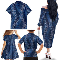 Hawaii Plumeria Lei Family Matching Off The Shoulder Long Sleeve Dress and Hawaiian Shirt Aloha Festive Vibe - Navy Blue LT7 - Polynesian Pride