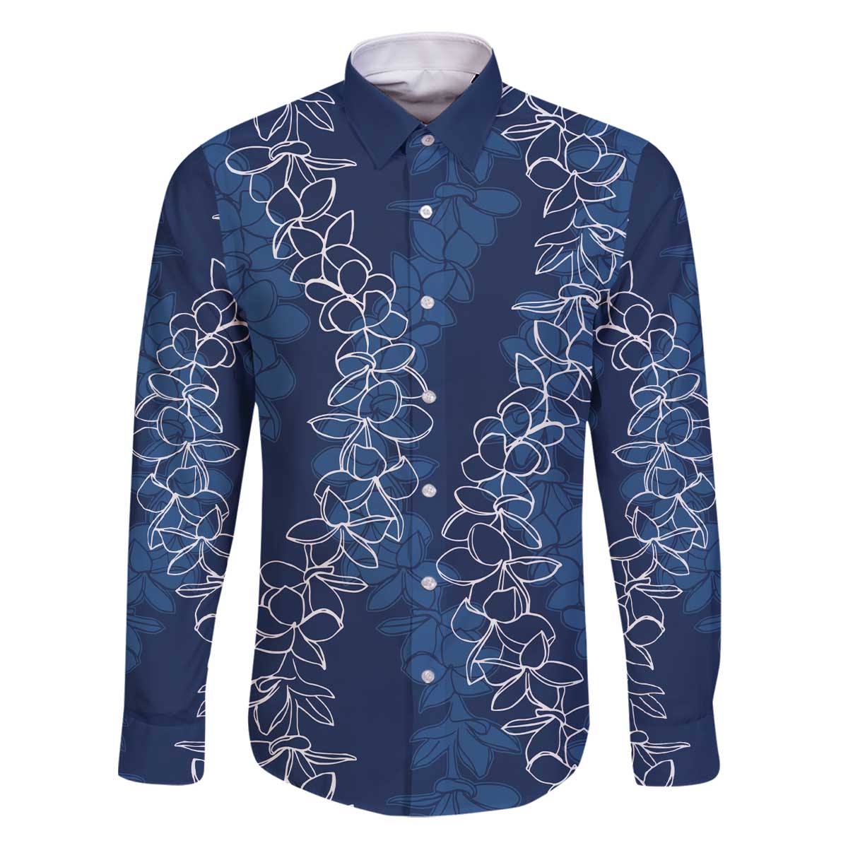 Hawaii Plumeria Lei Family Matching Off The Shoulder Long Sleeve Dress and Hawaiian Shirt Aloha Festive Vibe - Navy Blue LT7 Dad's Shirt - Long Sleeve Navy Blue - Polynesian Pride