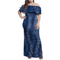 Hawaii Plumeria Lei Family Matching Off Shoulder Maxi Dress and Hawaiian Shirt Aloha Festive Vibe - Navy Blue LT7 Mom's Dress Navy Blue - Polynesian Pride