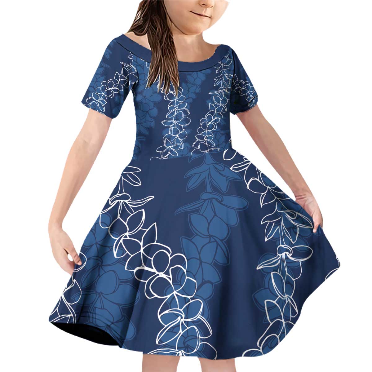 Hawaii Plumeria Lei Family Matching Off Shoulder Short Dress and Hawaiian Shirt Aloha Festive Vibe - Navy Blue LT7 Daughter's Dress Navy Blue - Polynesian Pride