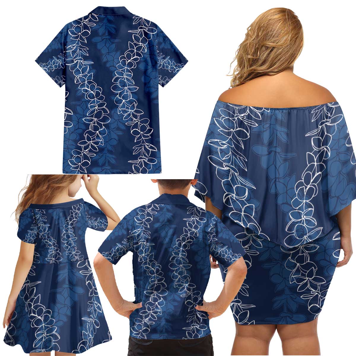 Hawaii Plumeria Lei Family Matching Off Shoulder Short Dress and Hawaiian Shirt Aloha Festive Vibe - Navy Blue LT7 - Polynesian Pride