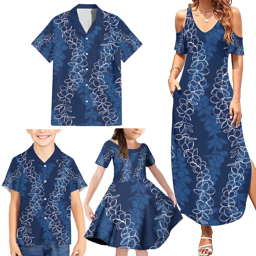 Hawaii Plumeria Lei Family Matching Summer Maxi Dress and Hawaiian Shirt Aloha Festive Vibe - Navy Blue LT7 - Polynesian Pride