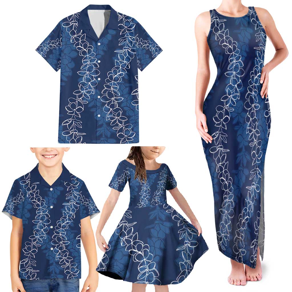 Hawaii Plumeria Lei Family Matching Tank Maxi Dress and Hawaiian Shirt Aloha Festive Vibe - Navy Blue LT7 - Polynesian Pride