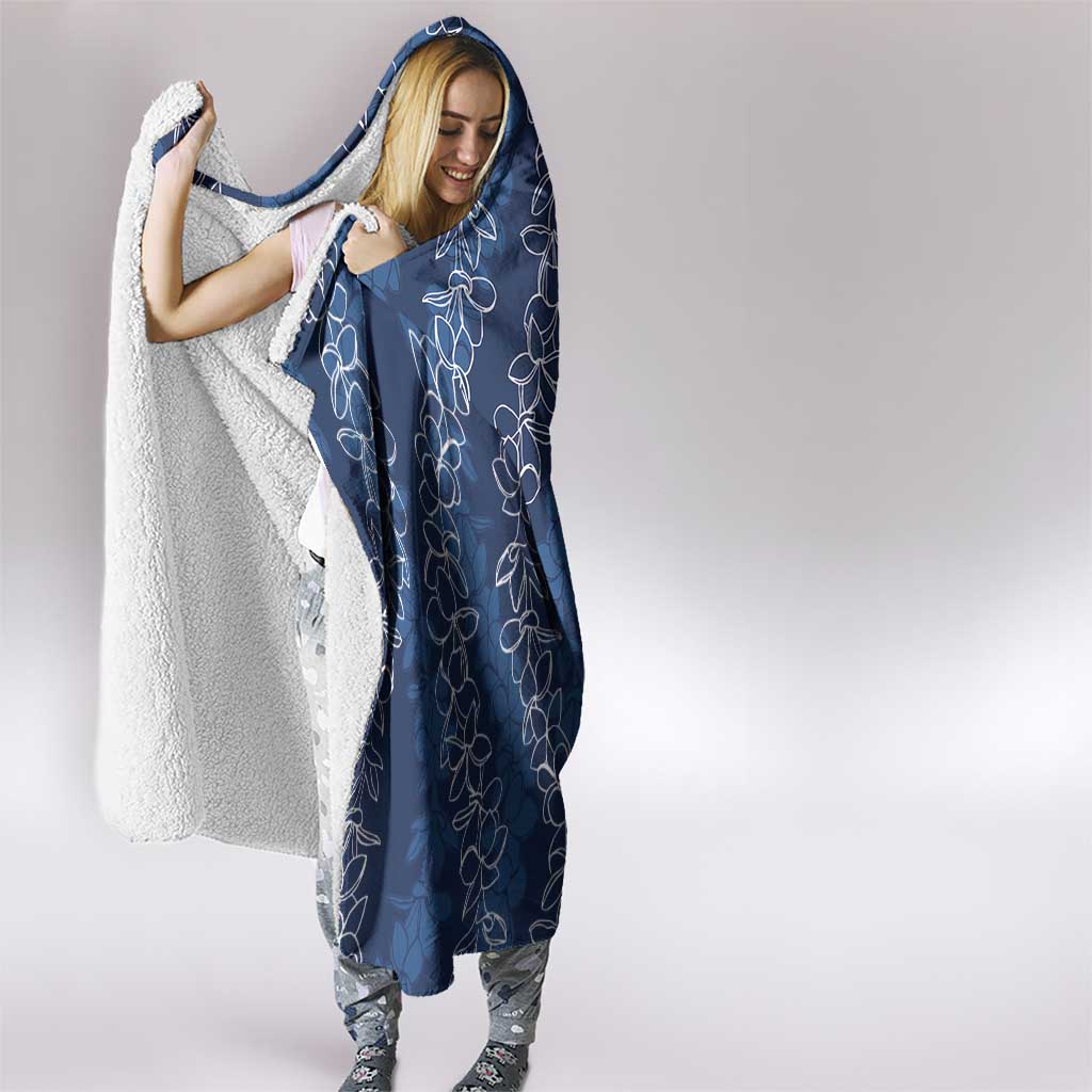 Hawaii Plumeria Lei Hooded Blanket Aloha Festive Vibe - Navy Blue