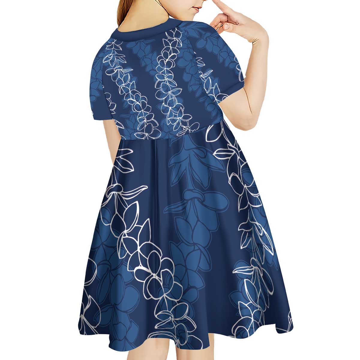 Hawaii Plumeria Lei Kid Short Sleeve Dress Aloha Festive Vibe - Navy Blue