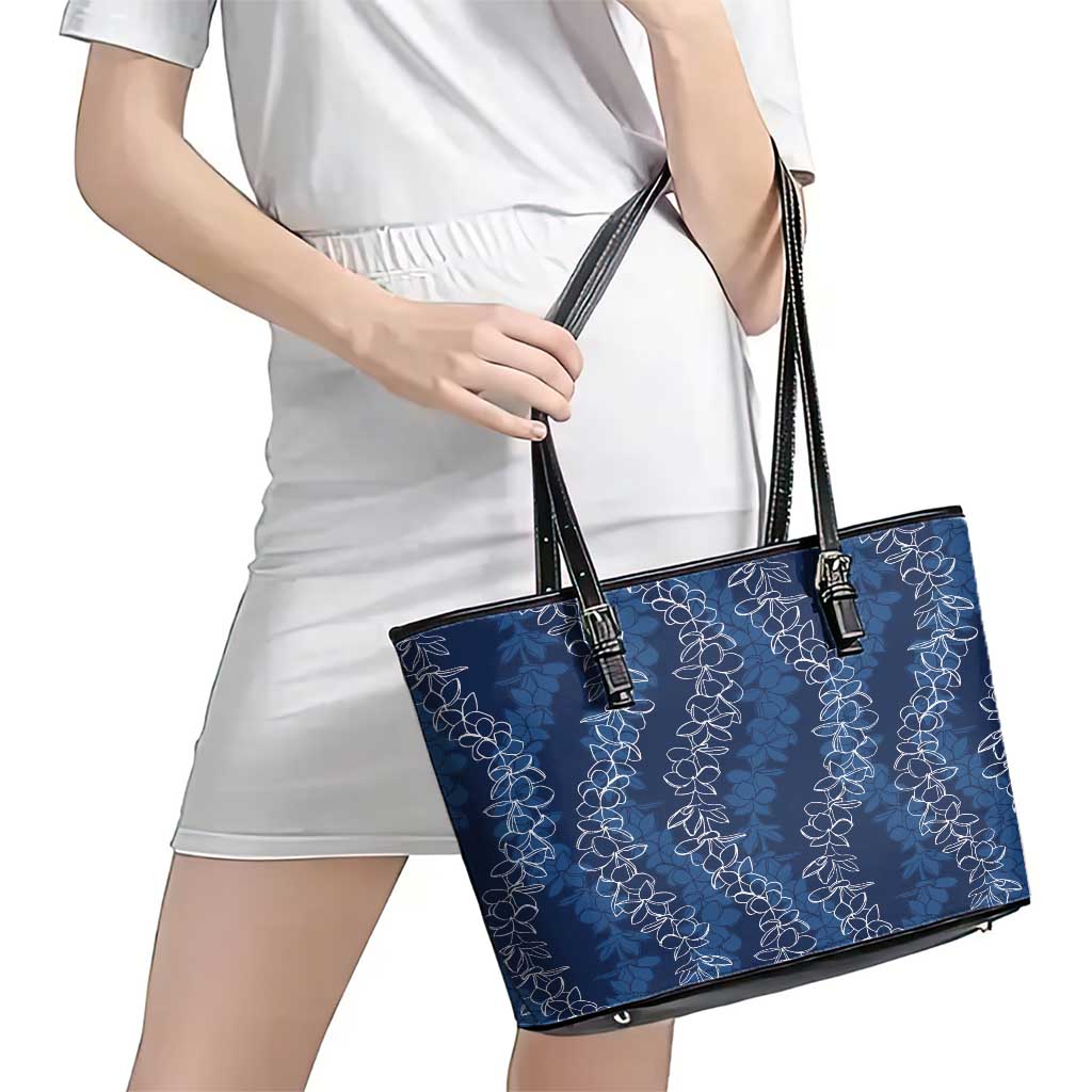 Hawaii Plumeria Lei Leather Tote Bag Aloha Festive Vibe - Navy Blue LT7 - Polynesian Pride