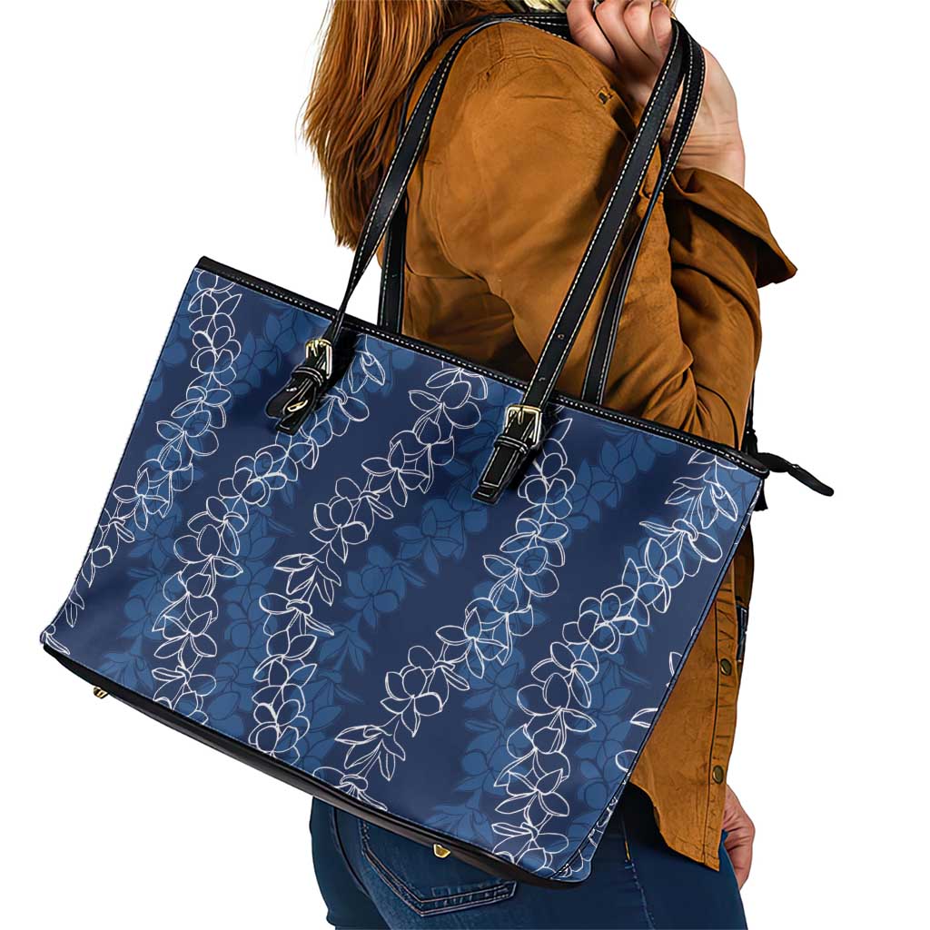 Hawaii Plumeria Lei Leather Tote Bag Aloha Festive Vibe - Navy Blue LT7 - Polynesian Pride