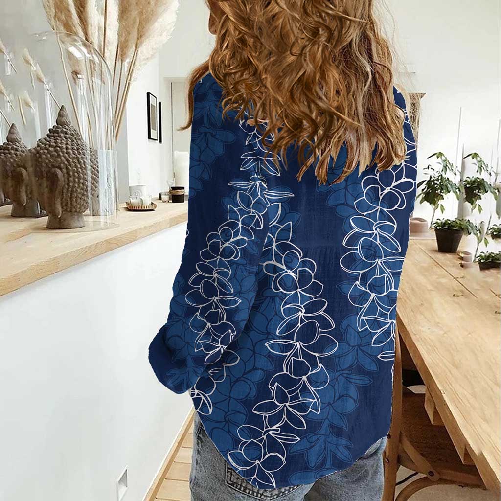 Hawaii Plumeria Lei Women Casual Shirt Aloha Festive Vibe - Navy Blue