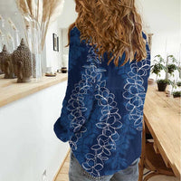 Hawaii Plumeria Lei Women Casual Shirt Aloha Festive Vibe - Navy Blue
