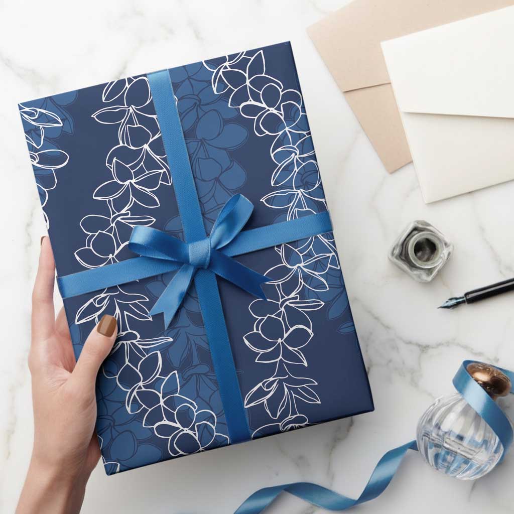 Hawaii Plumeria Lei Wrapping Paper Aloha Festive Vibe - Navy Blue