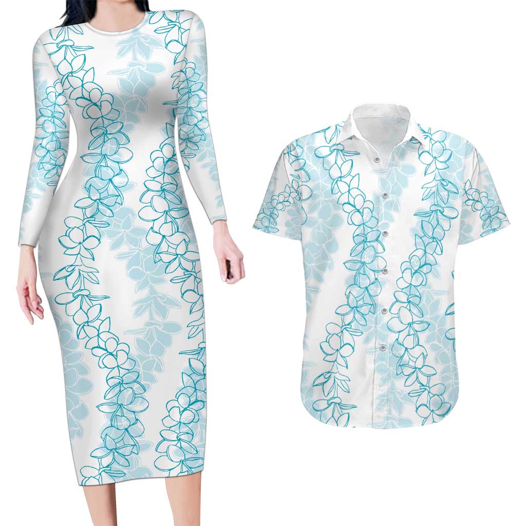 Hawaii Plumeria Lei Couples Matching Long Sleeve Bodycon Dress and Hawaiian Shirt Aloha Festive Vibe - Turquoise LT7 Turquoise - Polynesian Pride