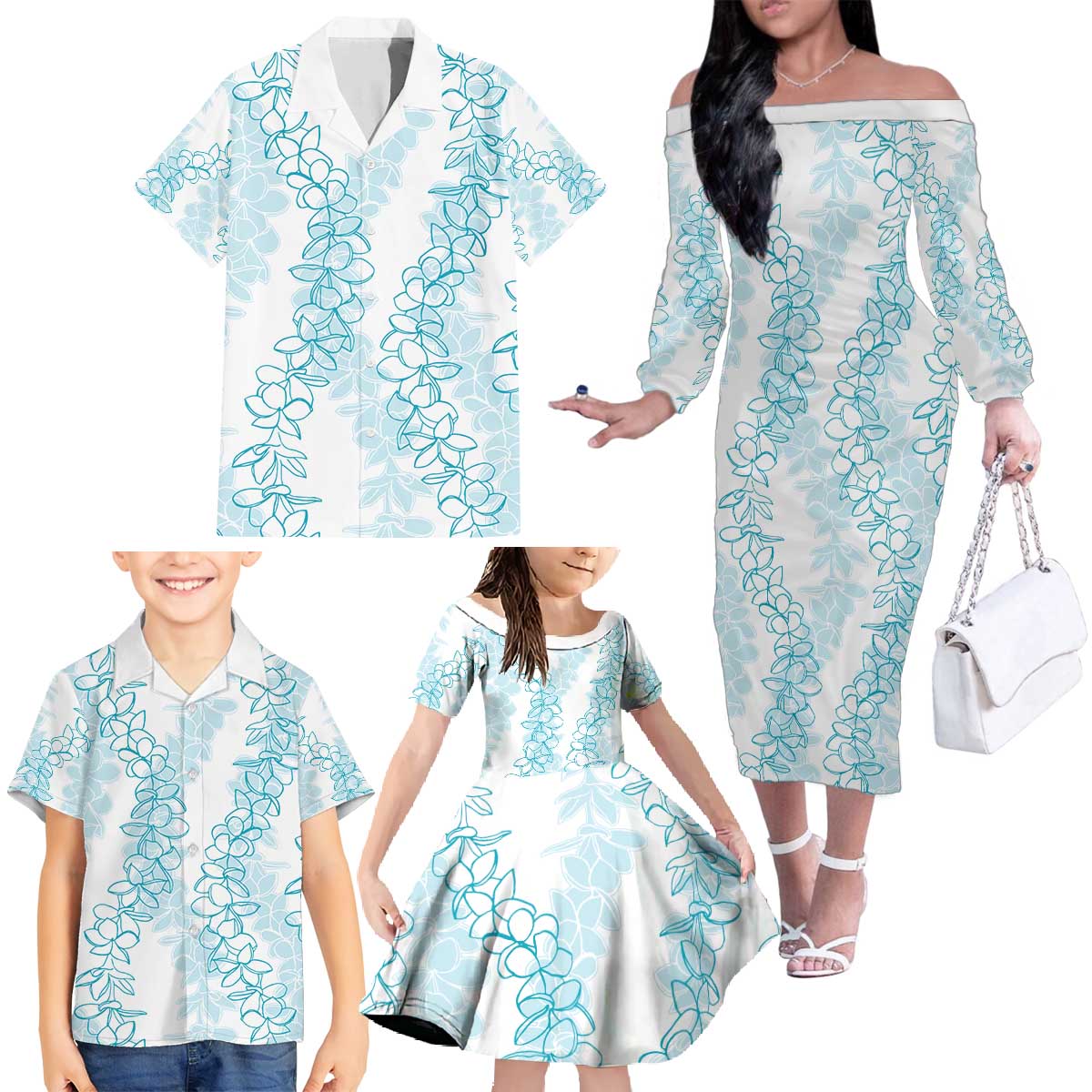 Hawaii Plumeria Lei Family Matching Off The Shoulder Long Sleeve Dress and Hawaiian Shirt Aloha Festive Vibe - Turquoise LT7 - Polynesian Pride