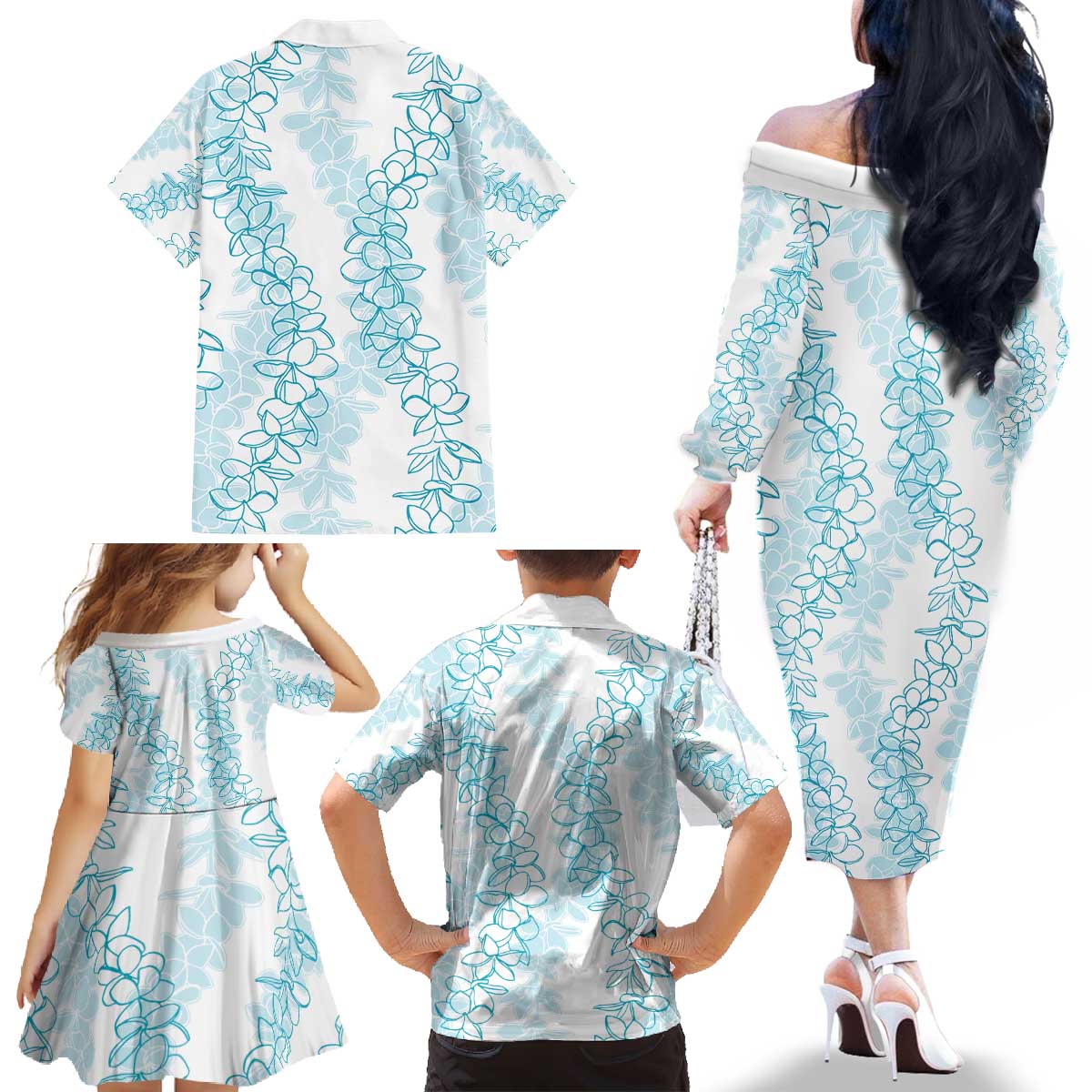 Hawaii Plumeria Lei Family Matching Off The Shoulder Long Sleeve Dress and Hawaiian Shirt Aloha Festive Vibe - Turquoise LT7 - Polynesian Pride