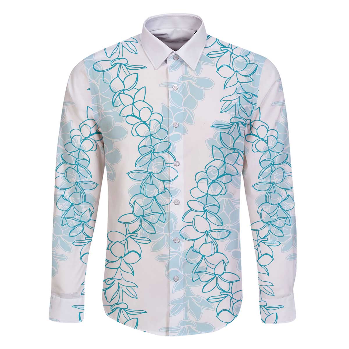 Hawaii Plumeria Lei Family Matching Off The Shoulder Long Sleeve Dress and Hawaiian Shirt Aloha Festive Vibe - Turquoise LT7 Dad's Shirt - Long Sleeve Turquoise - Polynesian Pride