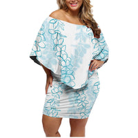 Hawaii Plumeria Lei Family Matching Off Shoulder Short Dress and Hawaiian Shirt Aloha Festive Vibe - Turquoise LT7 Mom's Dress Turquoise - Polynesian Pride