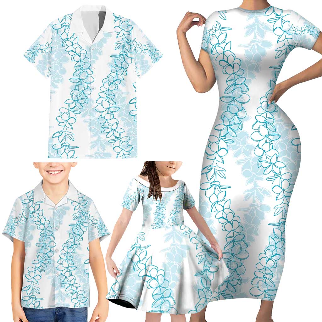 Hawaii Plumeria Lei Family Matching Short Sleeve Bodycon Dress and Hawaiian Shirt Aloha Festive Vibe - Turquoise LT7 - Polynesian Pride