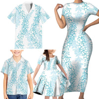 Hawaii Plumeria Lei Family Matching Short Sleeve Bodycon Dress and Hawaiian Shirt Aloha Festive Vibe - Turquoise LT7 - Polynesian Pride