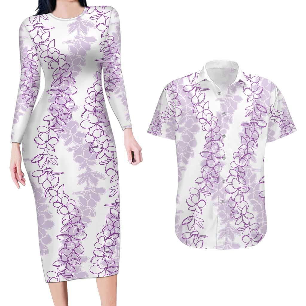 Hawaii Plumeria Lei Couples Matching Long Sleeve Bodycon Dress and Hawaiian Shirt Aloha Festive Vibe - Amethyst LT7 Amethyst - Polynesian Pride