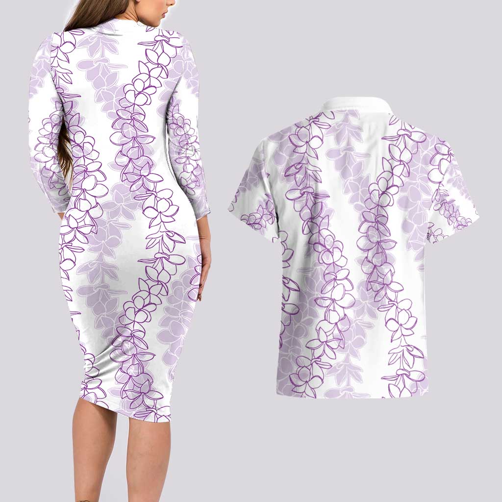 Hawaii Plumeria Lei Couples Matching Long Sleeve Bodycon Dress and Hawaiian Shirt Aloha Festive Vibe - Amethyst LT7 - Polynesian Pride