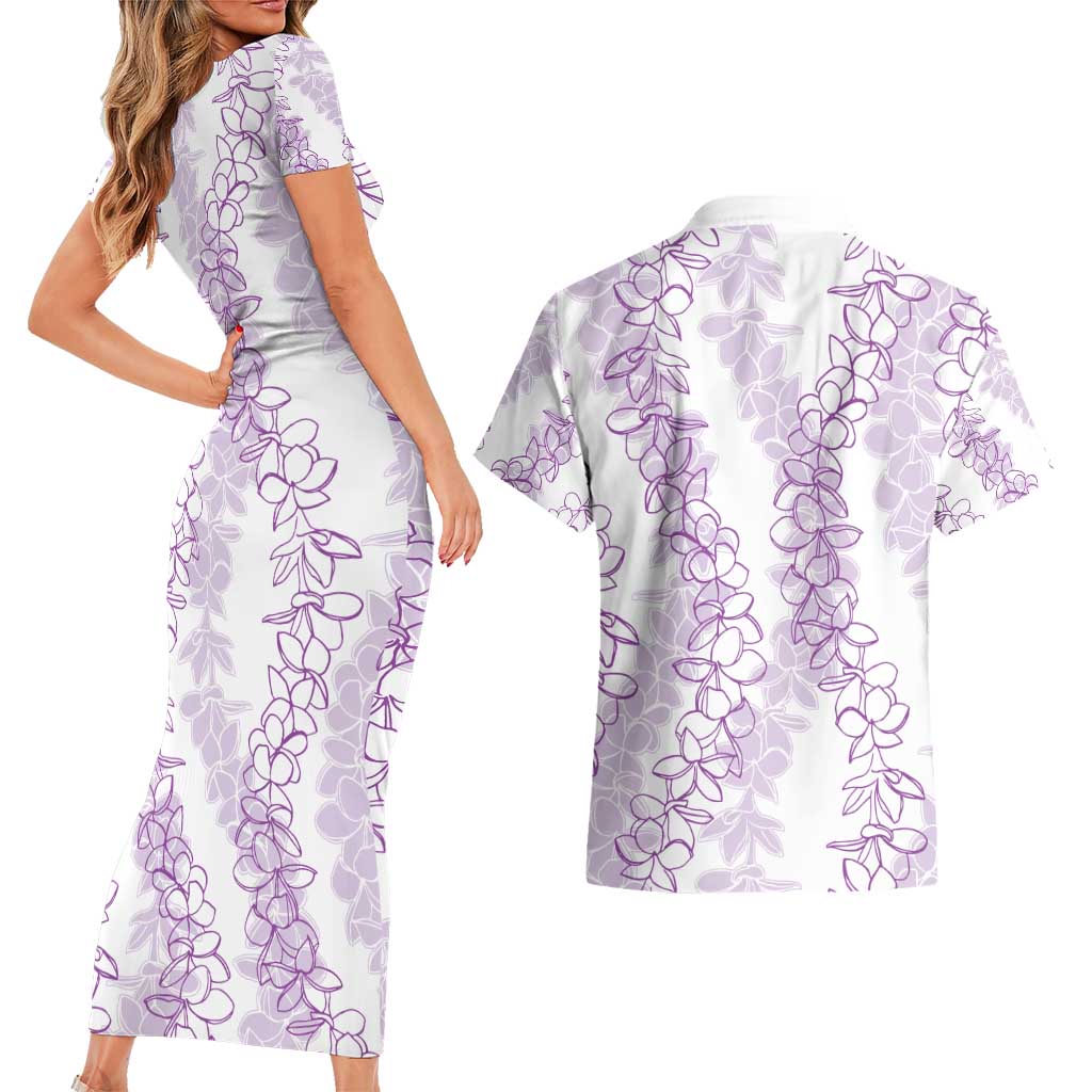 Hawaii Plumeria Lei Couples Matching Short Sleeve Bodycon Dress and Hawaiian Shirt Aloha Festive Vibe - Amethyst LT7 - Polynesian Pride