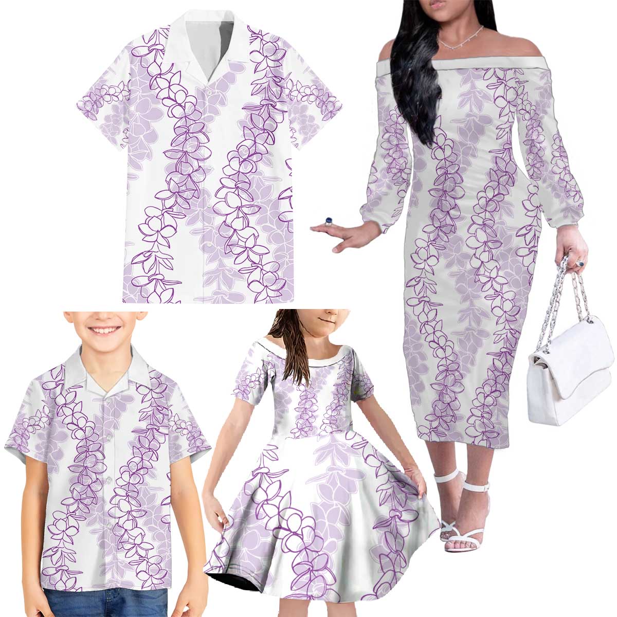 Hawaii Plumeria Lei Family Matching Off The Shoulder Long Sleeve Dress and Hawaiian Shirt Aloha Festive Vibe - Amethyst LT7 - Polynesian Pride