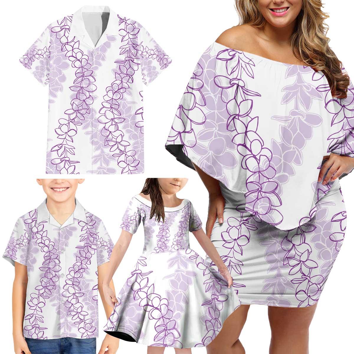 Hawaii Plumeria Lei Family Matching Off Shoulder Short Dress and Hawaiian Shirt Aloha Festive Vibe - Amethyst LT7 - Polynesian Pride