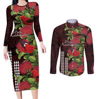 Hawaii Mele Kalikimaka Kakau Couples Matching Long Sleeve Bodycon Dress and Long Sleeve Button Shirt I'iwi Bird on Ohia Lehua LT7 Black Red - Polynesian Pride