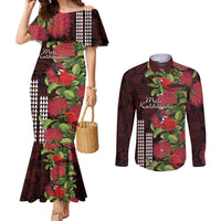 Hawaii Mele Kalikimaka Kakau Couples Matching Mermaid Dress and Long Sleeve Button Shirt I'iwi Bird on Ohia Lehua LT7 Black Red - Polynesian Pride