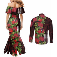 Hawaii Mele Kalikimaka Kakau Couples Matching Mermaid Dress and Long Sleeve Button Shirt I'iwi Bird on Ohia Lehua LT7 - Polynesian Pride