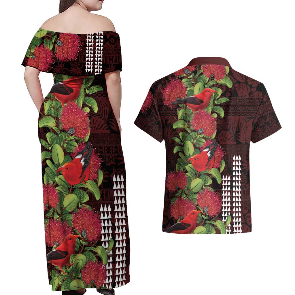 Hawaii Mele Kalikimaka Kakau Couples Matching Off Shoulder Maxi Dress and Hawaiian Shirt I'iwi Bird on Ohia Lehua LT7 - Polynesian Pride