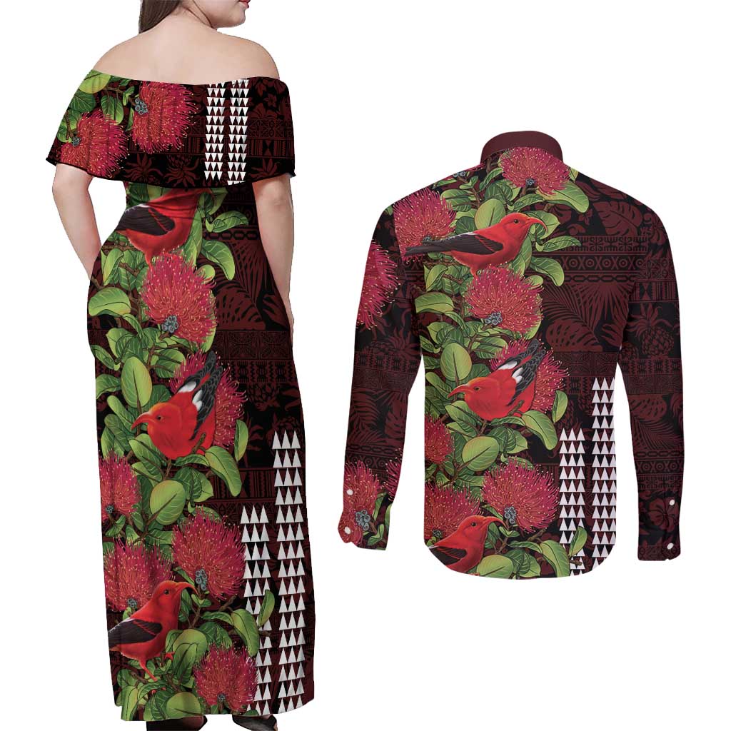 Hawaii Mele Kalikimaka Kakau Couples Matching Off Shoulder Maxi Dress and Long Sleeve Button Shirt I'iwi Bird on Ohia Lehua LT7 - Polynesian Pride