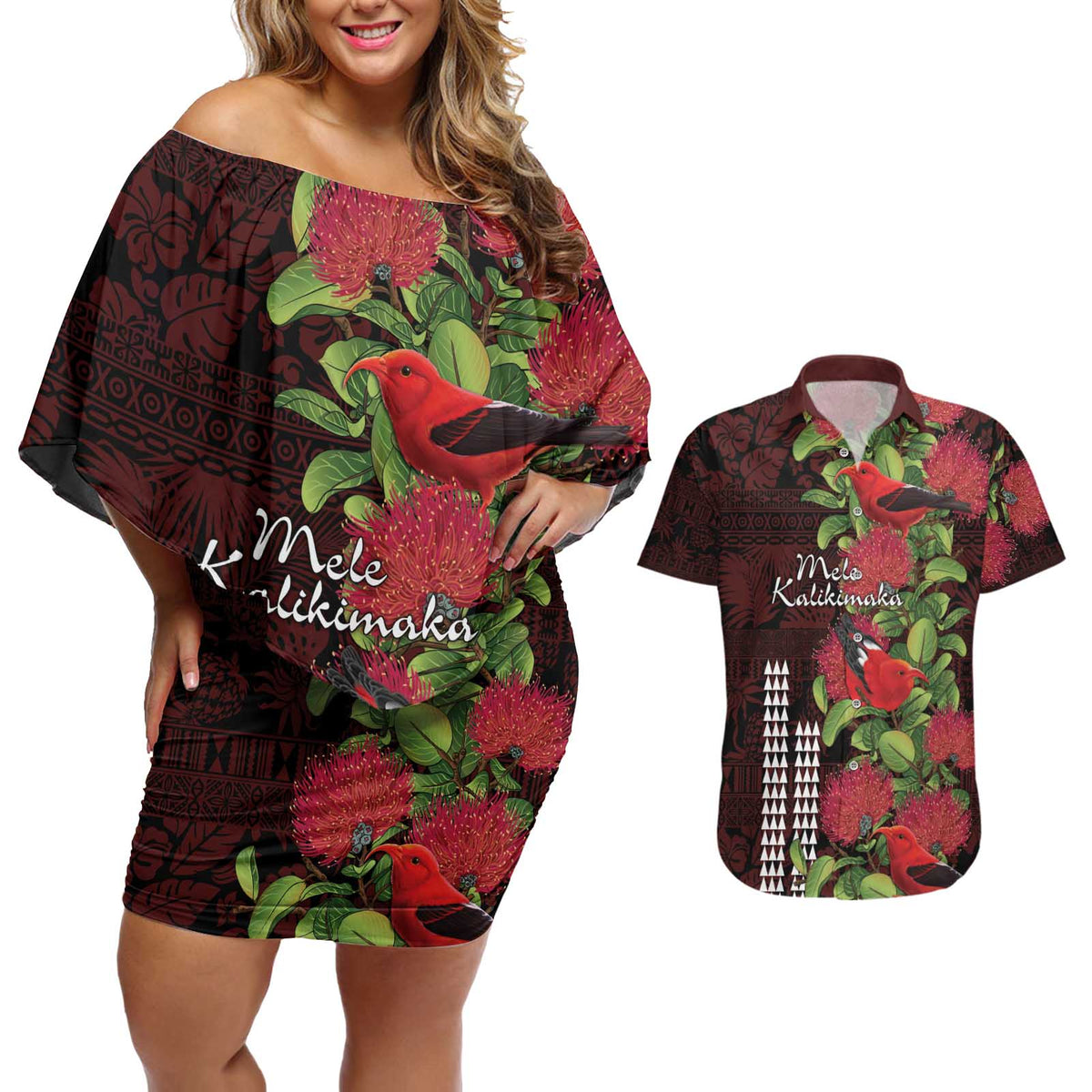 Hawaii Mele Kalikimaka Kakau Couples Matching Off Shoulder Short Dress and Hawaiian Shirt I'iwi Bird on Ohia Lehua LT7 Black Red - Polynesian Pride