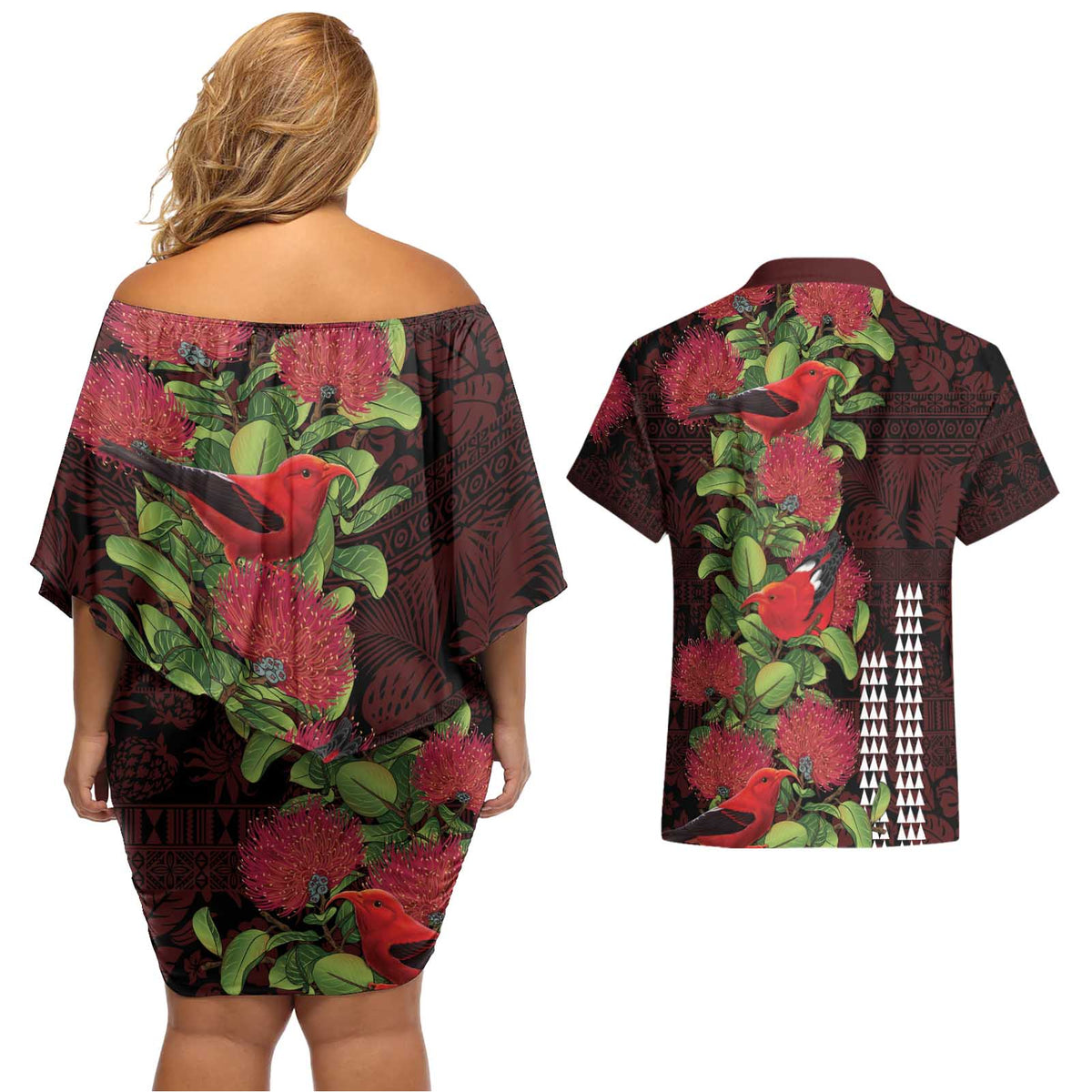 Hawaii Mele Kalikimaka Kakau Couples Matching Off Shoulder Short Dress and Hawaiian Shirt I'iwi Bird on Ohia Lehua LT7 - Polynesian Pride