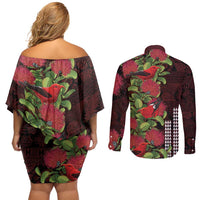 Hawaii Mele Kalikimaka Kakau Couples Matching Off Shoulder Short Dress and Long Sleeve Button Shirt I'iwi Bird on Ohia Lehua LT7 - Polynesian Pride