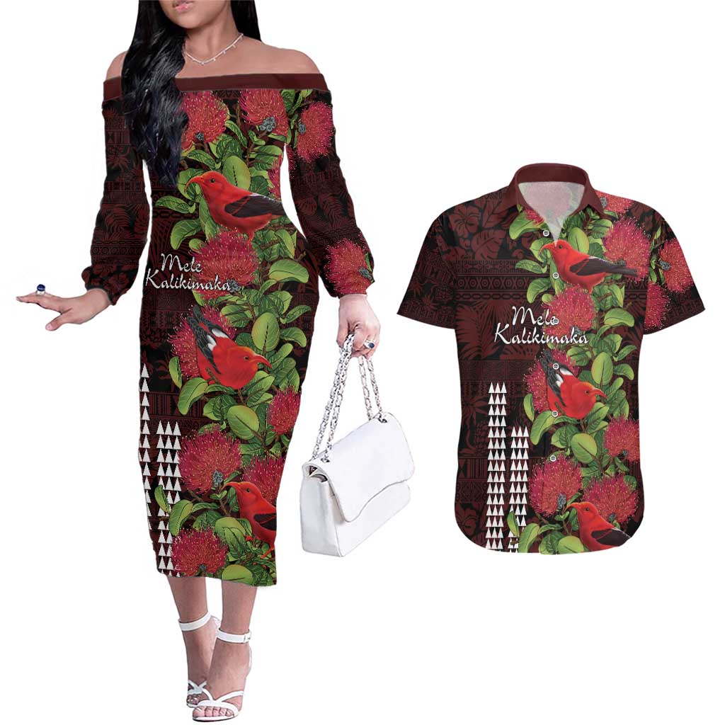 Hawaii Mele Kalikimaka Kakau Couples Matching Off The Shoulder Long Sleeve Dress and Hawaiian Shirt I'iwi Bird on Ohia Lehua LT7 Black Red - Polynesian Pride