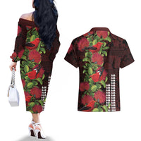 Hawaii Mele Kalikimaka Kakau Couples Matching Off The Shoulder Long Sleeve Dress and Hawaiian Shirt I'iwi Bird on Ohia Lehua LT7 - Polynesian Pride