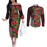 Hawaii Mele Kalikimaka Kakau Couples Matching Off The Shoulder Long Sleeve Dress and Long Sleeve Button Shirt I'iwi Bird on Ohia Lehua LT7 Black Red - Polynesian Pride