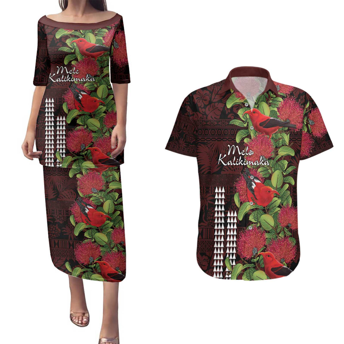 Hawaii Mele Kalikimaka Kakau Couples Matching Puletasi and Hawaiian Shirt I'iwi Bird on Ohia Lehua LT7 Black Red - Polynesian Pride