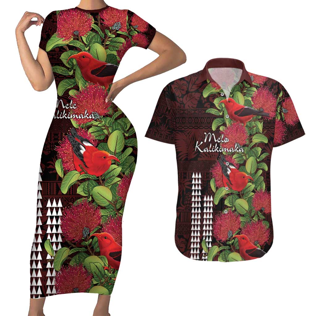 Hawaii Mele Kalikimaka Kakau Couples Matching Short Sleeve Bodycon Dress and Hawaiian Shirt I'iwi Bird on Ohia Lehua LT7 Black Red - Polynesian Pride
