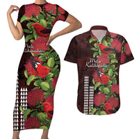 Hawaii Mele Kalikimaka Kakau Couples Matching Short Sleeve Bodycon Dress and Hawaiian Shirt I'iwi Bird on Ohia Lehua LT7 Black Red - Polynesian Pride