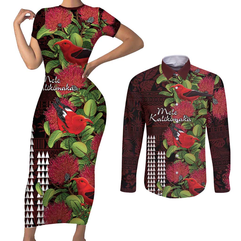 Hawaii Mele Kalikimaka Kakau Couples Matching Short Sleeve Bodycon Dress and Long Sleeve Button Shirt I'iwi Bird on Ohia Lehua LT7 Black Red - Polynesian Pride