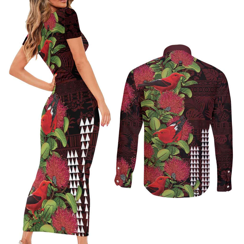 Hawaii Mele Kalikimaka Kakau Couples Matching Short Sleeve Bodycon Dress and Long Sleeve Button Shirt I'iwi Bird on Ohia Lehua LT7 - Polynesian Pride