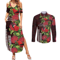 Hawaii Mele Kalikimaka Kakau Couples Matching Summer Maxi Dress and Long Sleeve Button Shirt I'iwi Bird on Ohia Lehua LT7 Black Red - Polynesian Pride