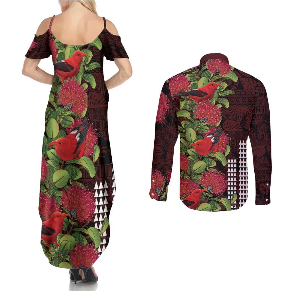 Hawaii Mele Kalikimaka Kakau Couples Matching Summer Maxi Dress and Long Sleeve Button Shirt I'iwi Bird on Ohia Lehua LT7 - Polynesian Pride