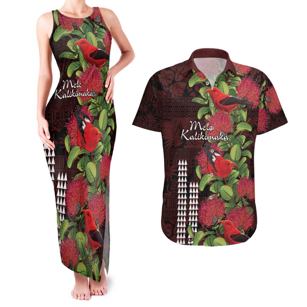 Hawaii Mele Kalikimaka Kakau Couples Matching Tank Maxi Dress and Hawaiian Shirt I'iwi Bird on Ohia Lehua LT7 Black Red - Polynesian Pride