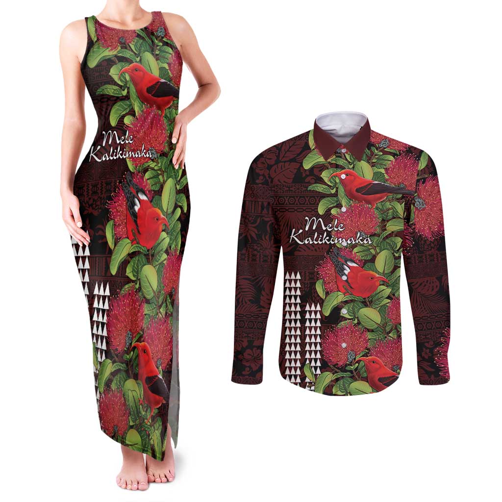 Hawaii Mele Kalikimaka Kakau Couples Matching Tank Maxi Dress and Long Sleeve Button Shirt I'iwi Bird on Ohia Lehua LT7 Black Red - Polynesian Pride